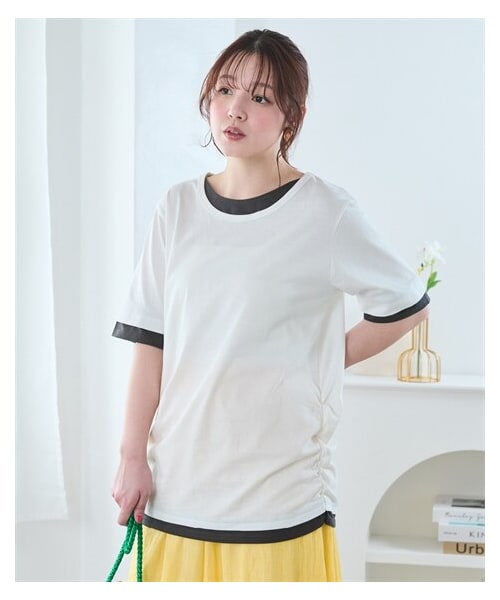 nissen（ニッセン）の「＜大きいサイズ＞綿100%汗じみしにくい重ね着風5分袖Tシャツ（Tシャツ/カットソー・レディース・ネイビー×チャコール/黒×オフホワイト/オフホワイト×チャコール/パープル×オフホワイト・L/LL/3L/4L/5L/6L/8L/10L）」の5枚目の写真