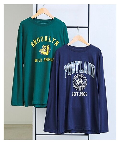 nissen（ニッセン）の「プリント長袖Tシャツ２枚組（アメカジ柄）【大きいサイズ有】（Tシャツ/カットソー・メンズ・ネイビー+ダークグリーン・M/L/LL/3L/4L/5L/6L/8L/10L）」の2枚目の写真