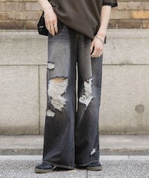 『ユニセックス』ダメージデニムワイドパンツ