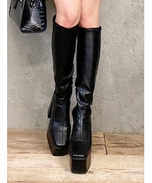 GYDA | ストレッチフェイクレザー チャンキーロングブーツ(ブーツ)