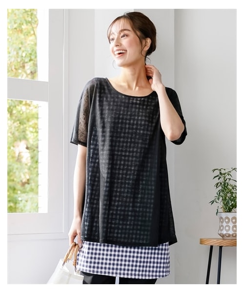 nissen（ニッセン）の「大きいサイズ　涼やかカットソースラブバックリボン重ね着風チュニック（チュニック・レディース・コーラル×ネイビー系ギンガム/ロイヤルグリーン×杢グレー系ボーダー/アシッドブルー×杢グレー系ボーダー/黒×ネイビー系ギンガム/ベージュ×ネイビー系ギンガム・L/LL/3L/4L/5L/6L/8L/10L）」の9枚目の写真