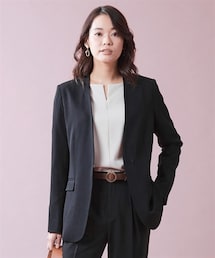 7days Life Styling | 【レディーススーツ】セットアップ対応ロング丈ノーカラージャケット（上下別売・すごく伸びる多機能変り織リスピィシリーズ)(スーツジャケット)