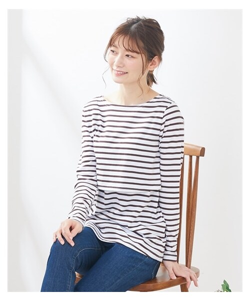 nissen（ニッセン）の「【産前・産後　授乳服】授乳しやすい　ボートネック長袖ボーダーＴシャツ（マタニティウェア/グッズ・レディース・ネイビー×オフ/オフ×ブラウン/【移行済】オフ×グリーン/モカ×ブラック/オフ×ブラック/グレージュ×オーカー/オフ×ベージュ・マタニティM/マタニティL/マタニティLL/マタニティ3L/マタニティ4L/マタニティ5L/マタニティ6L）」の18枚目の写真
