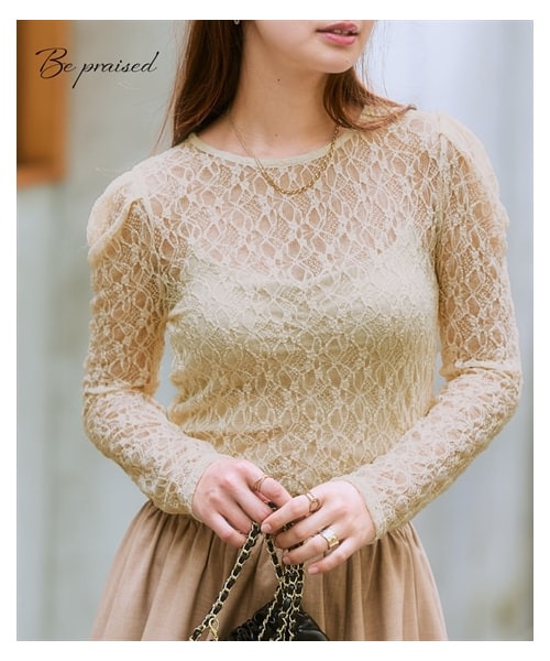 nissen（ニッセン）の「ボリューム袖カットソーレースシアートップス＜大きいサイズ有＞（Tシャツ/カットソー・レディース・アイボリー/黒・S/M/L/LL/3L）」の4枚目の写真