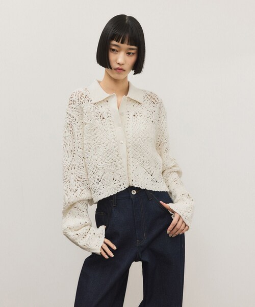 ADAM ET ROPE'(アダムエロペ)の「コードレースパターンニットシャツ(シャツ/ブラウス・レディース・ブラック/オフホワイト・F)」の7枚目の写真