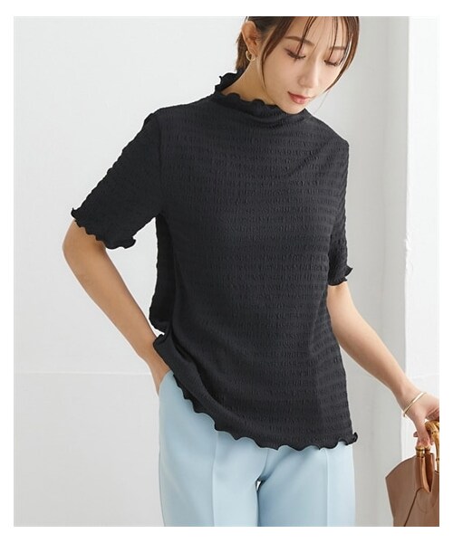 nissen（ニッセン）の「衿フリル5分袖シャーリングカットソートップス（Tシャツ/カットソー・レディース・オフホワイト/黒・S/M/L/LL）」の7枚目の写真