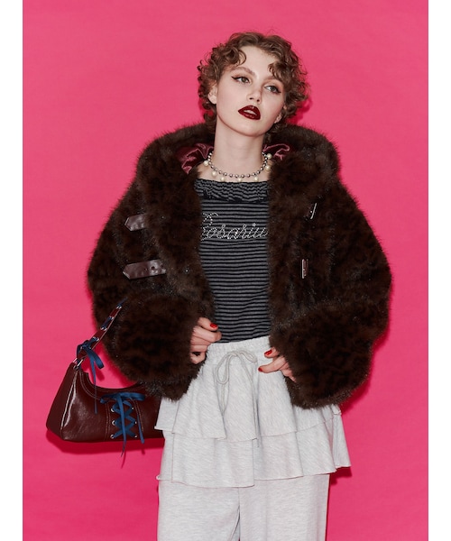 jouetie（ジュエティ）の「ベルトフードファージャケット（ダウンジャケット/コート・レディース・アイボリー/ブラウン/ベージュ・M）」の6枚目の写真