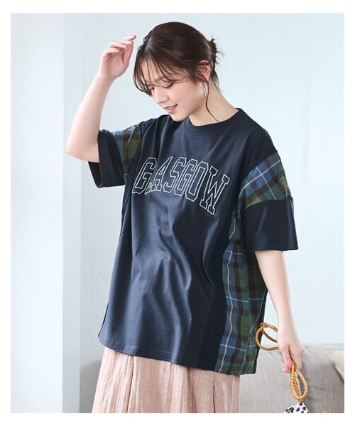 nissen（ニッセン）の「＜大きいサイズ＞チェック柄切替フロントロゴ刺しゅうカットソートップス（Tシャツ/カットソー・レディース・チャコール/ネイビー/ベージュ・L/LL/3L/4L/5L/6L/8L/10L）」の15枚目の写真
