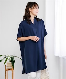 nissen | 大きいサイズ　楽ちんひんやりバンドカラー５分袖ゆるシルエットチュニック（接触冷感・ＵＶカット）(チュニック)