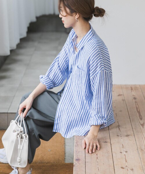 URBAN RESEARCH DOORS(アーバンリサーチドアーズ)の「リネンオーバーシャツ(シャツ/ブラウス・レディース・STRIPE/PINK/L.GRAY・Free)」の4枚目の写真