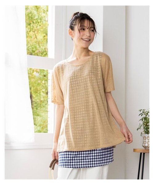 nissen（ニッセン）の「大きいサイズ　涼やかカットソースラブバックリボン重ね着風チュニック（チュニック・レディース・コーラル×ネイビー系ギンガム/ロイヤルグリーン×杢グレー系ボーダー/アシッドブルー×杢グレー系ボーダー/黒×ネイビー系ギンガム/ベージュ×ネイビー系ギンガム・L/LL/3L/4L/5L/6L/8L/10L）」の19枚目の写真