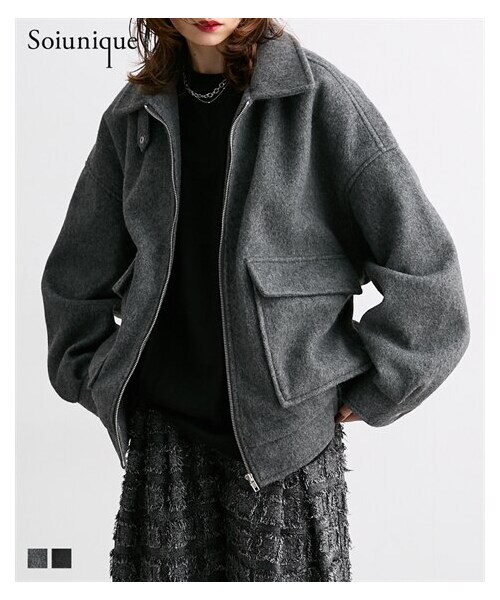 nissen（ニッセン）の「ニットシャギー２ＷＡＹ衿ブルゾン［Soiunique］（ジャケット/アウター・レディース・チャコール/ブラック・M）」の2枚目の写真