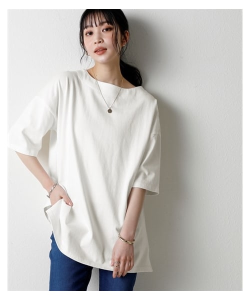 nissen（ニッセン）の「綿１００％バスクオーバーサイズ５分袖チュニック（UVカット）＜大きいサイズ有＞（チュニック・レディース・黒/オフホワイト/ダークグレー/ミルクベージュ/スモーキーグリーン/ソフトピンク/インクブルー・S~M相当/L~LL相当/3L~4L相当/5L~6L相当/8L相当/10L相当）」の13枚目の写真