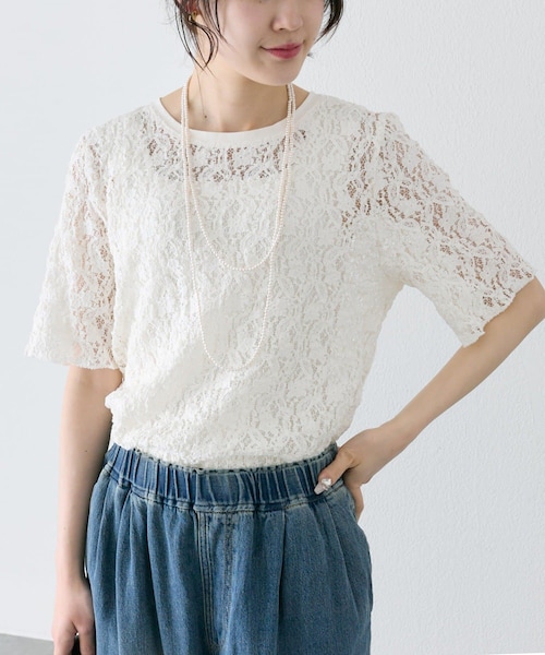 PUAL CE CIN（ピュアルセシン）の「ストレッチレースTシャツ（Tシャツ/カットソー・レディース・ブラウン/アイボリー/ブラック・FREE）」の2枚目の写真