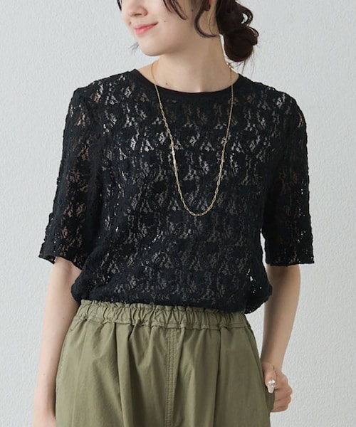PUAL CE CIN（ピュアルセシン）の「ストレッチレースTシャツ（Tシャツ/カットソー・レディース・ブラウン/アイボリー/ブラック・FREE）」の3枚目の写真