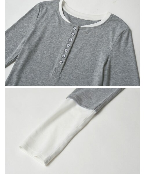 Re:EDIT（リエディ）の「配色レイヤード風ヘンリーネックトップス - トップス通販 | 人気レディースファッション - Re:EDIT（リエディ）（その他・レディース・ホワイト×ブラック/グレー×ホワイト/チャコール×ラベンダー・M/L）」の13枚目の写真