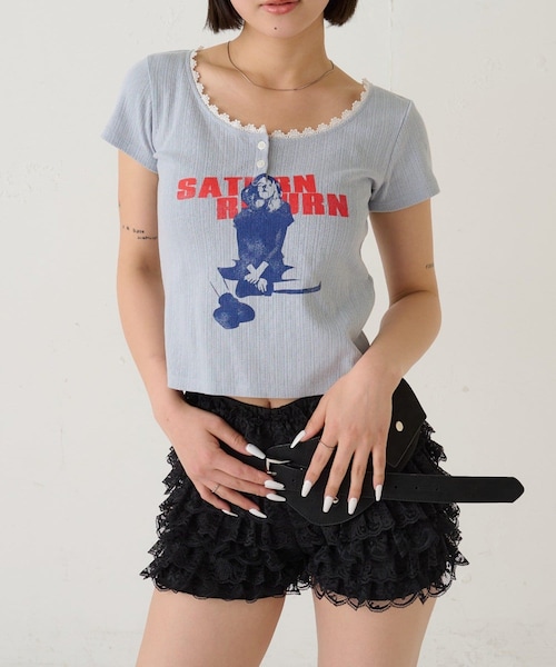 WHO'S WHO gallery（フーズフーギャラリー）の「シャーロットパターンメッシュS/Sトップス（Tシャツ/カットソー・レディース・イエロー/ピンク/オフホワイト/サックスブルー/ブラック・F）」の4枚目の写真