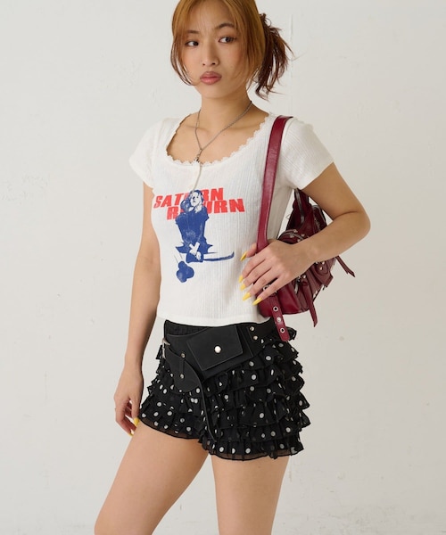 WHO'S WHO gallery（フーズフーギャラリー）の「シャーロットパターンメッシュS/Sトップス（Tシャツ/カットソー・レディース・イエロー/ピンク/オフホワイト/サックスブルー/ブラック・F）」の2枚目の写真