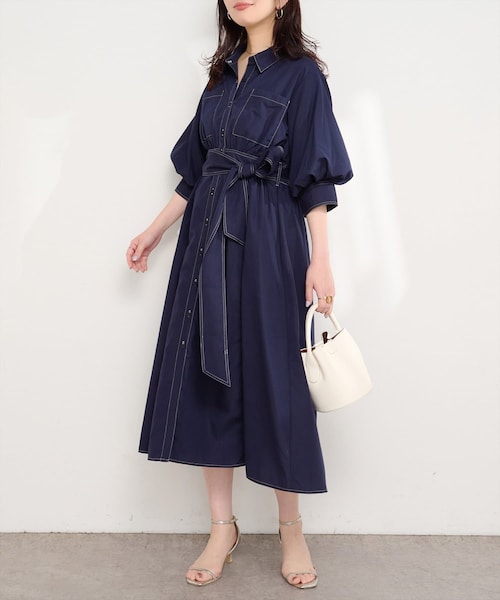 LE PHIL ネイビー スタンドカラー バルーンスリーブ チュニック natural couture（ナチュラルクチュール）の「バルーンスリーブシャツ