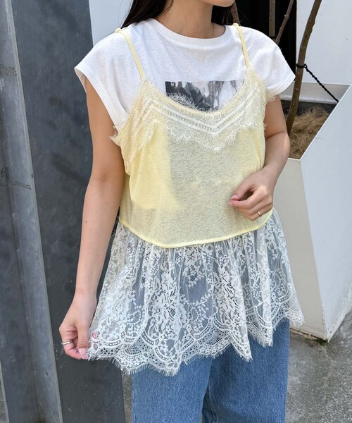 CIAOPANIC TYPY（チャオパニックティピー）の「裾レースドッキングシアーキャミチュニック（タンクトップ・レディース・ホワイト/イエロー/ブラック・ONE）」の3枚目の写真