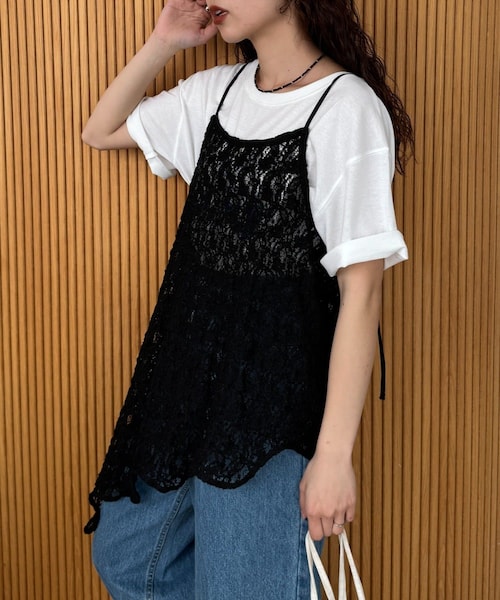 CIAOPANIC TYPY(チャオパニックティピー)の「【willow】アシメレースヘムラインキャミチュニック(タンクトップ・レディース・ブラック/ホワイト・ONE)」の1枚目の写真