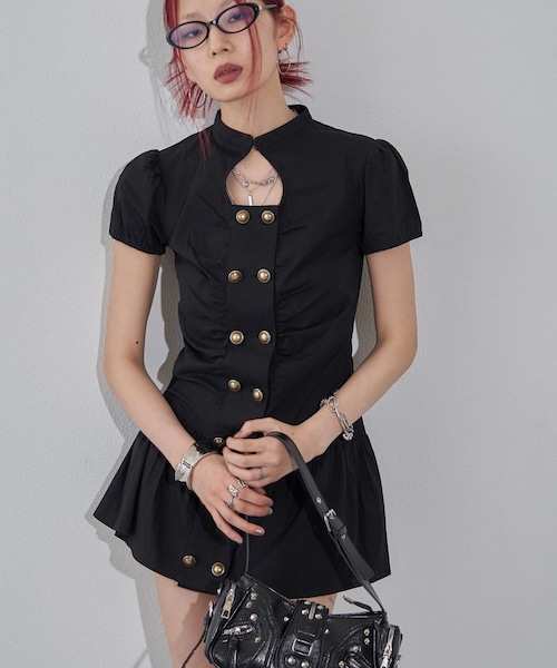 WHO'S WHO gallery(フーズフーギャラリー)の「Wボタンギャザーワンピ(無地/チェック/ドット)(ワンピース・レディース・ブラックその他2/ホワイト/ブラックその他1/ブラック/ピンク/オフホワイト・F)」の5枚目の写真