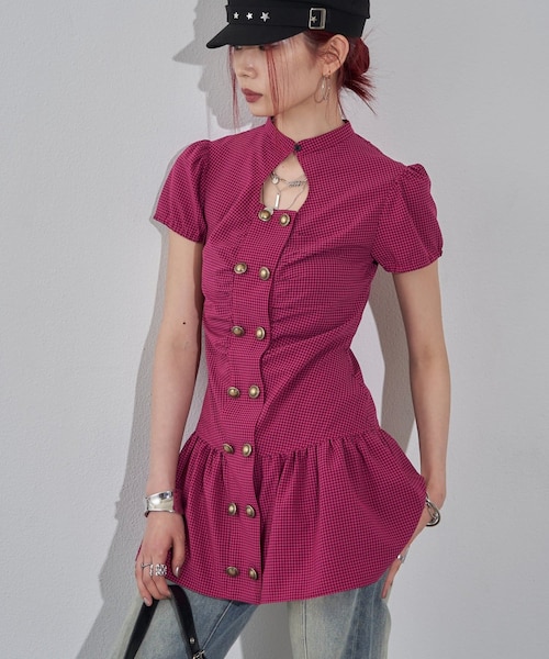 WHO'S WHO gallery(フーズフーギャラリー)の「Wボタンギャザーワンピ(無地/チェック/ドット)(ワンピース・レディース・ブラックその他2/ホワイト/ブラックその他1/ブラック/ピンク/オフホワイト・F)」の6枚目の写真