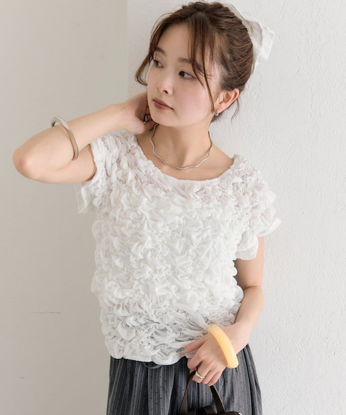 mystic(ミスティック)の「《4日間限定15%OFF》ふわふわシャーリングTシャツ(Tシャツ/カットソー・レディース・ピンク/オフホワイト/ブラック/ホワイト・F)」の2枚目の写真