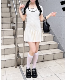 配色ケーブル半袖ニットワンピース