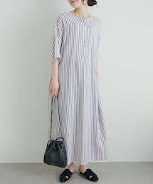 麻レーヨンストライプヘンリーネックワンピース