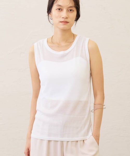 Omekashi(オメカシ)の「【5色展開/着回し力抜群◎】シアーリブフライス2wayタンクトップ(タンクトップ・レディース・ベージュ/イエロー/ブラック/ピンク/オフホワイト・F)」の2枚目の写真