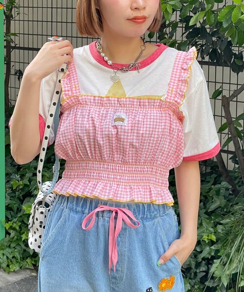 CIAOPANIC（チャオパニック）の「【HELLO.SANFRANCISCO/ハローサンフランシスコ】シャーリングチェックビスチェ（タンクトップ・レディース・サックスブルー/ピンク・ONE）」の2枚目の写真