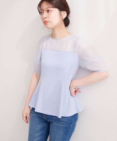 natural couture(ナチュラルクチュール)の「シアーペプラムトップス(Tシャツ/カットソー・レディース・ピンク/ベージュ/オフホワイト/サックスブルー/ブラック・FREE)」の5枚目の写真