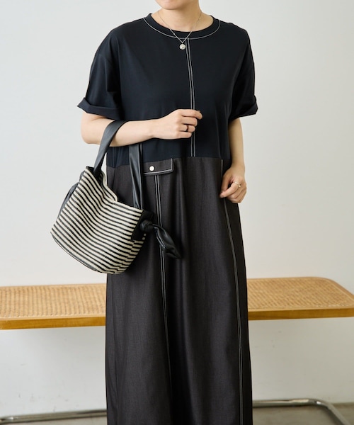 ear PAPILLONNER(イアパピヨネ)の「《リラックス》切替Tシャツワンピース【SUM1 STYLE(スミスタイル)】(ワンピース・レディース・サックスブルー/ブラック・F)」の2枚目の写真