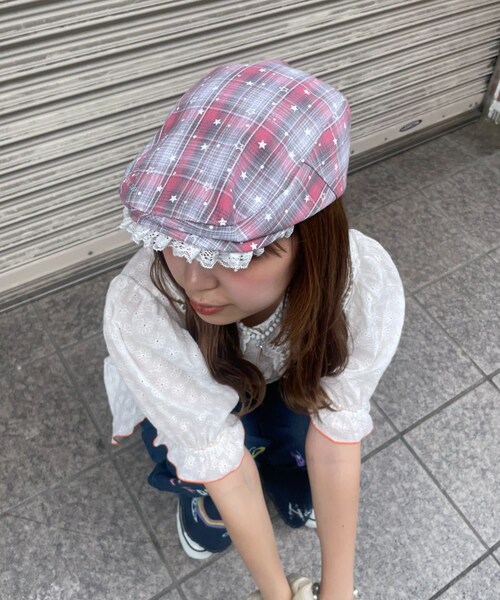 CIAOPANIC TYPY（チャオパニックティピー）の「【HELLO.SANFRANCISCO】スターチェックレース付きハンチング（ハンチング/ベレー帽・レディース・ブラック/ブルー/ピンク・ONE）」の3枚目の写真