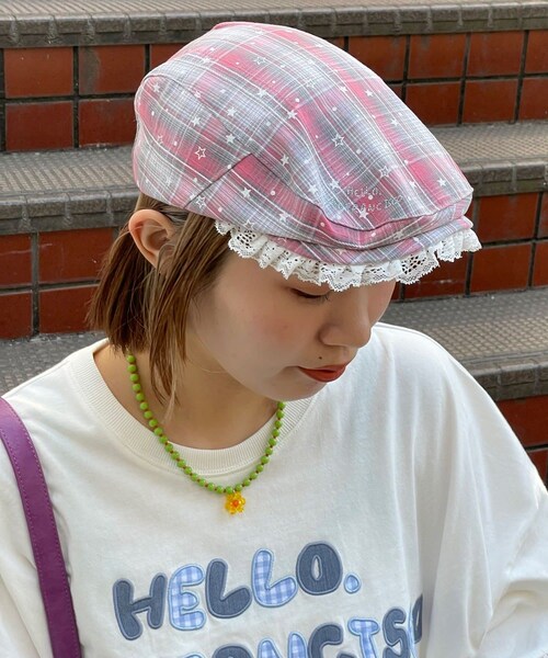 CIAOPANIC(チャオパニック)の「【HELLO.SANFRANCISCO/ハローサンフランシスコ】スターチェックレース付きハンチング(ハンチング/ベレー帽・レディース・ブルー/ブラック/ピンク・ONE)」の3枚目の写真