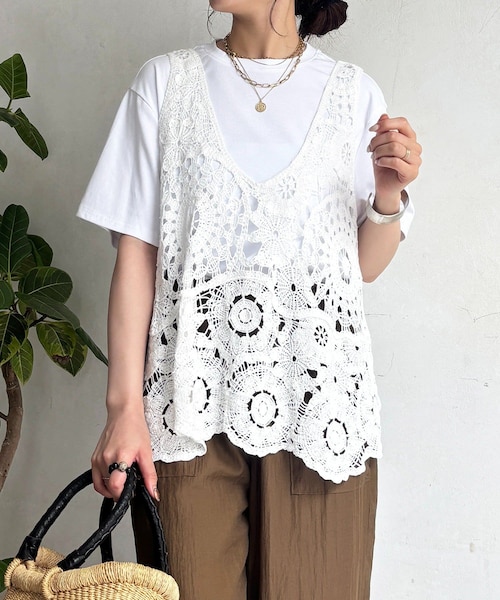 un dix cors（アンディコール）の「クロシェ×TEEセット（Tシャツ/カットソー・レディース・ブラック/アイボリー・F）」の2枚目の写真