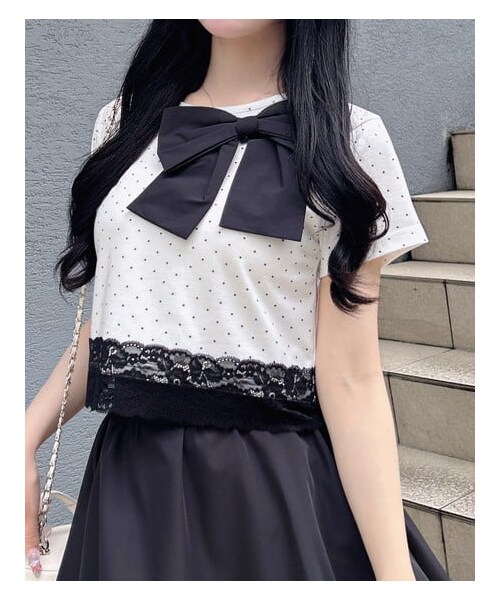 INGNI(イング)の「リボン付き裾レースTシャツ(トップス・レディース・クロオフ/ドット/ライトピンク/オフクロ/ドット・M)」の8枚目の写真