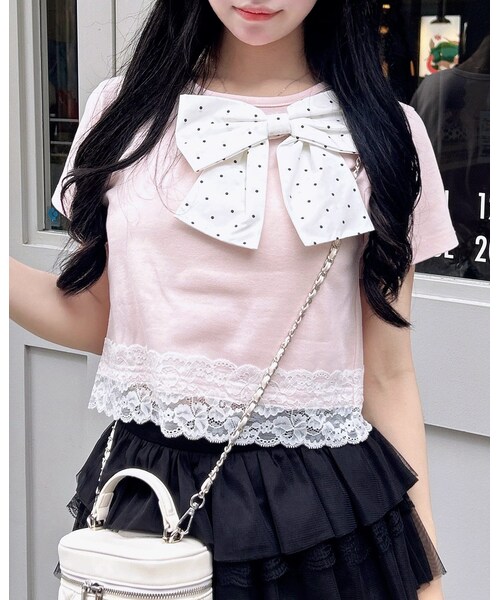 INGNI(イング)の「リボン付き裾レースTシャツ(トップス・レディース・クロオフ/ドット/ライトピンク/オフクロ/ドット・M)」の4枚目の写真