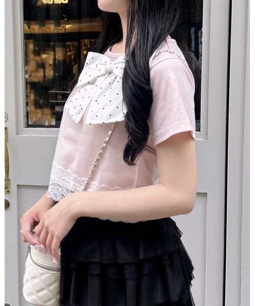 INGNI(イング)の「リボン付き裾レースTシャツ(トップス・レディース・クロオフ/ドット/ライトピンク/オフクロ/ドット・M)」の2枚目の写真
