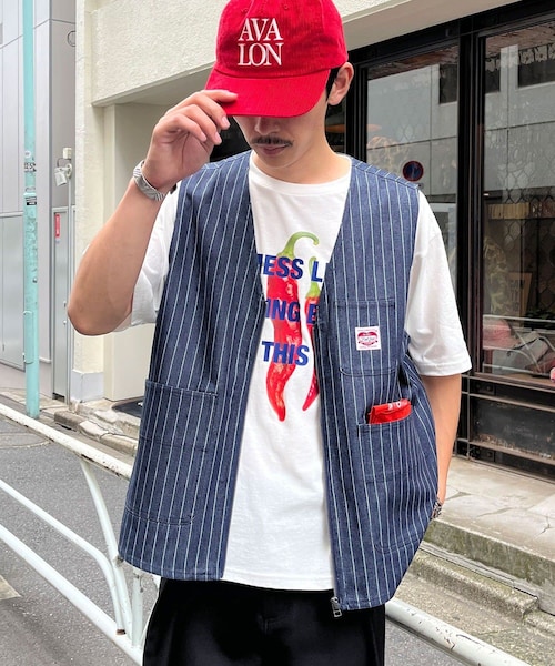 CIAOPANIC(チャオパニック)の「ストライプデニムベスト(ジャケット/アウター・メンズ・インディゴブルー/ブラック・M/L)」の1枚目の写真