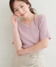 【sherbet line】アシメレースネック半袖ニット