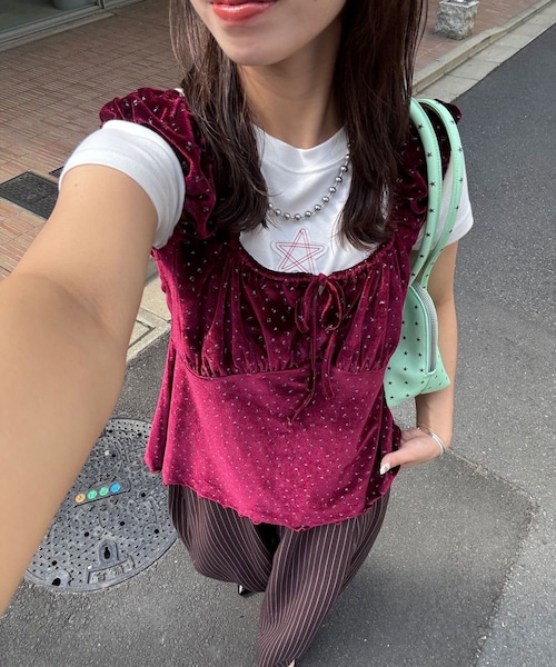CIAOPANIC(チャオパニック)の「(ドット柄/花柄)ショルダーギャザーベロアビスチェ(Tシャツ/カットソー・レディース・オレンジ/ブラック/ベージュ/レッド/レッドその他1/ブラックその他1・ONE)」の6枚目の写真