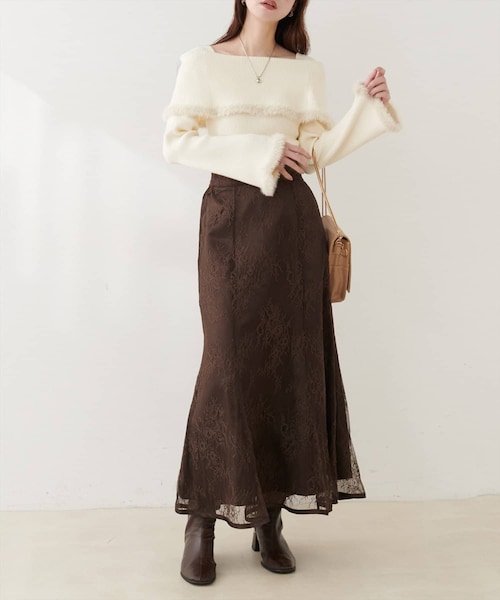 natural couture(ナチュラルクチュール)の「長さ変えられるサテンパイピングレーススカート(スカート・レディース・ブラウン/ブルー/ブラック/ライトベージュ・FREE)」の1枚目の写真