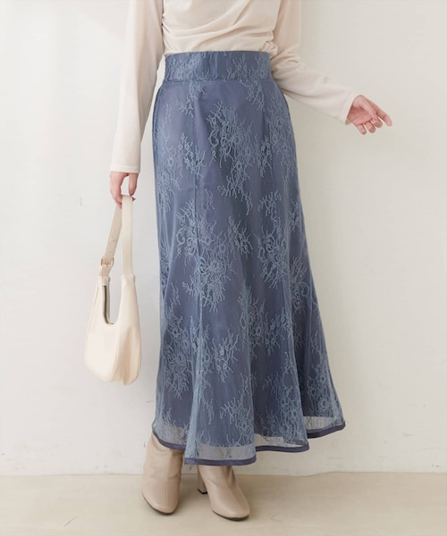 natural couture(ナチュラルクチュール)の「長さ変えられるサテンパイピングレーススカート(スカート・レディース・ブラウン/ブルー/ブラック/ライトベージュ・FREE)」の4枚目の写真