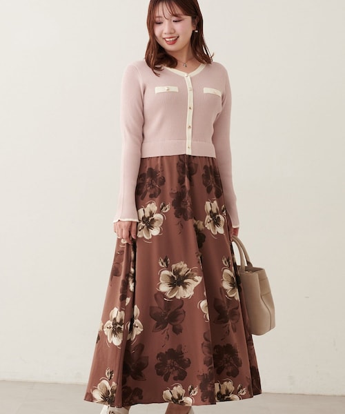 natural couture（ナチュラルクチュール）の「〈canami〉ニットドッキング配色ワンピース（ワンピース・レディース・ブラウン/ピンク/アイボリー/ネイビー・FREE）」の4枚目の写真