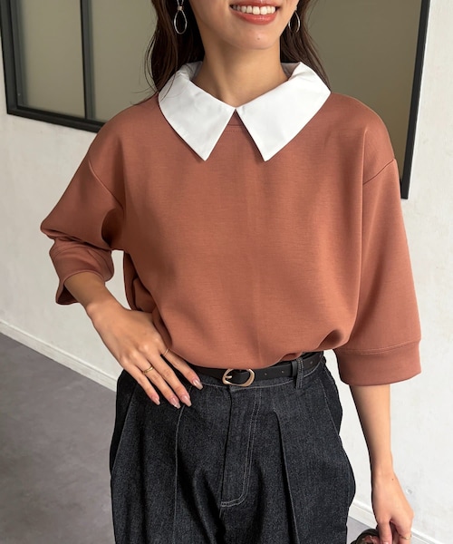Chez toi(シェトワ)の「襟付きプルオーバー(Tシャツ/カットソー・レディース・オレンジ/ネイビー・F)」の1枚目の写真