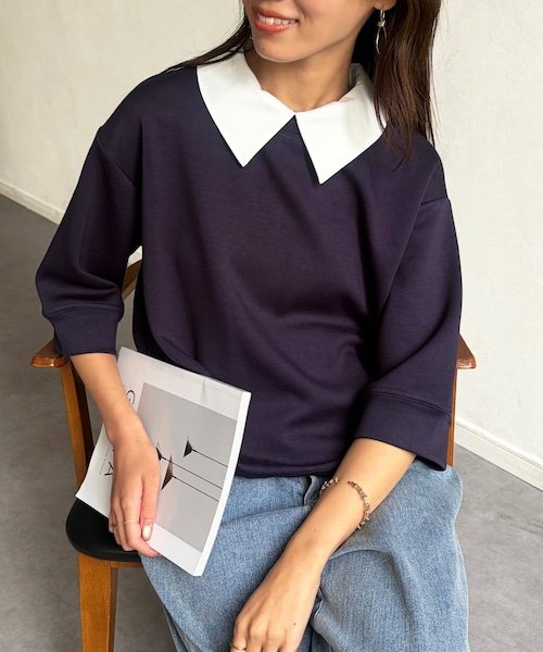 Chez toi(シェトワ)の「襟付きプルオーバー(Tシャツ/カットソー・レディース・オレンジ/ネイビー・F)」の2枚目の写真
