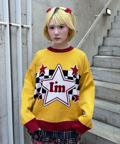 CIAOPANIC(チャオパニック)の「【I’m×CIAOPANIC】アイムアムスターチェックニット(ニット/セーター・レディース・イエロー/グリーン・ONE)」の1枚目の写真