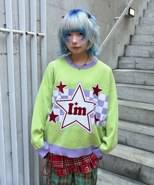 CIAOPANIC(チャオパニック)の「【I’m×CIAOPANIC】アイムアムスターチェックニット(ニット/セーター・レディース・イエロー/グリーン・ONE)」の2枚目の写真